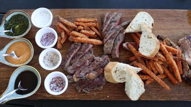 Top view of grilled steak platter with sauces bread and crispy fries served on wooden board during gourmet restaurant dining experience