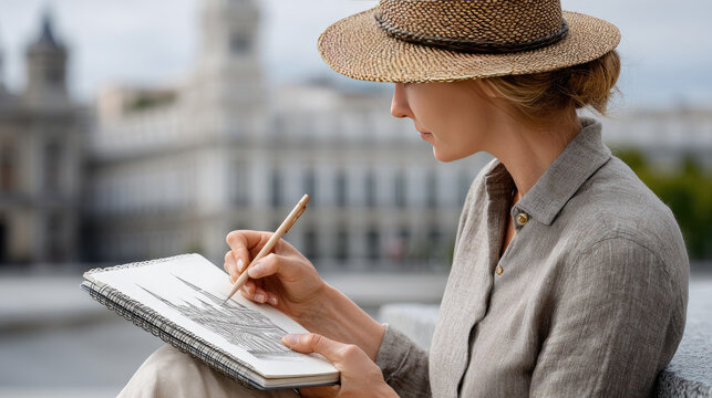 Woman in a straw hat is focusing on drawing intricate architectural landmarks in a spiral bound notebook, documenting her travels and an iconic city view with pencil