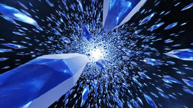 Abstract Blue Crystal Shards Exploding in Deep Space with Bright Light