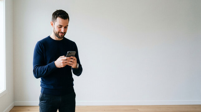 A modern man, absorbed in the glow of his mobile device, stands in thoughtful contemplation, exuding a sense of calm and connectivity.