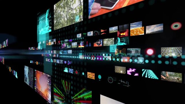 Streaming business animation with small videos of virtual entertainment space. High tech themed footages and data background