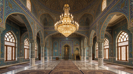 Fototapeta premium Beautiful Pakistani Mosque Interior with Intricate Geometric Tile Work, Ornate Chandelier and Warm Light Through Arched Windows