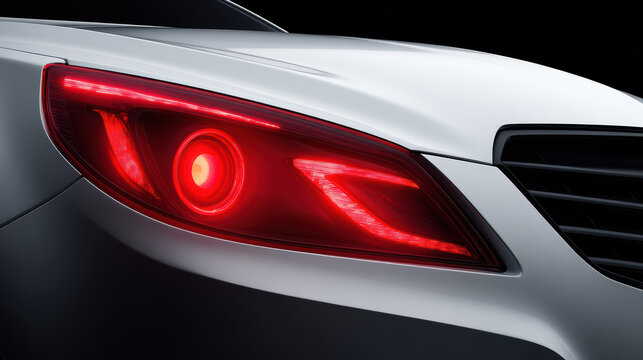Close up of a modern car's bright red taillight with intricate LED detailing, reflecting light and showcasing automotive design against a dark backdrop.