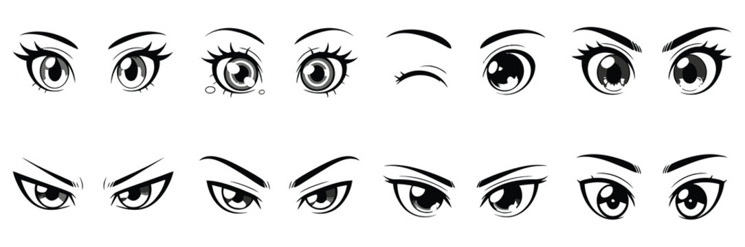 Japanese Anime Eyes Set with Black and White Manga Character Expressions in Classic Animation Art Style