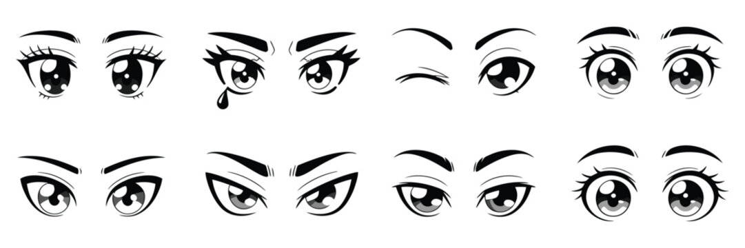 Japanese Anime Eyes Set with Black and White Manga Character Expressions in Classic Animation Art Style