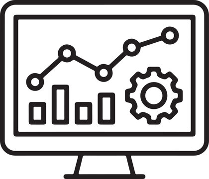 Computer monitor icon showing business data chart and gear setting symbol for digital analytics and performance tracking
