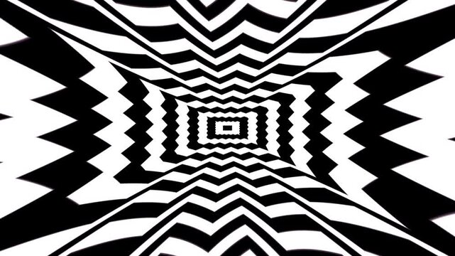 Black and white zebra striped tunnel animation. Infinity look with hallucination effect or optical illusion background