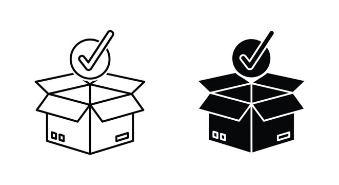 Open cardboard box with checklist mark icon set in outline and solid black style for shipping and delivery logistics visuals