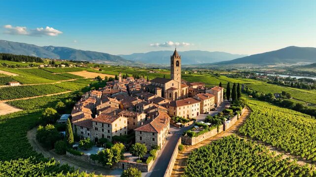 Aerial view of circular stone village with terracotta roofs surrounded by lush vineyards and rolling hills under clear blue sky, symbolizing Mediterranean rural heritage and scenic beauty