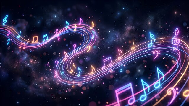Abstract neon music waves and glowing notes flowing gracefully through darkness, soft magical particles, elegant curved lines, cinematic lighting, vibrant fantasy colors, ultra realistic details.
