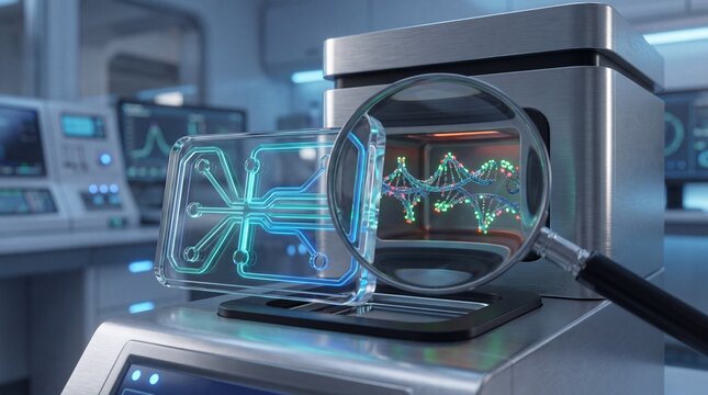 Advanced biotechnology lab setup with DNA double helix under magnification, alongside a futuristic microfluidic chip. Represents genetic engineering, scientific research