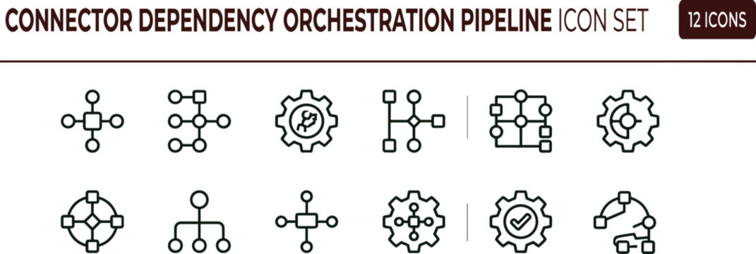 Connector dependency orchestration pipeline line icon set for workflow automation dashboard ui system integration and network management