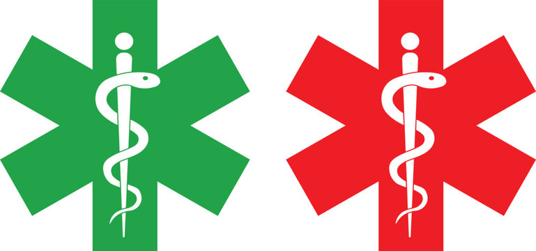 Set of Star of Life medical symbols in red and green vector icons representing emergency services and healthcare isolated on white background