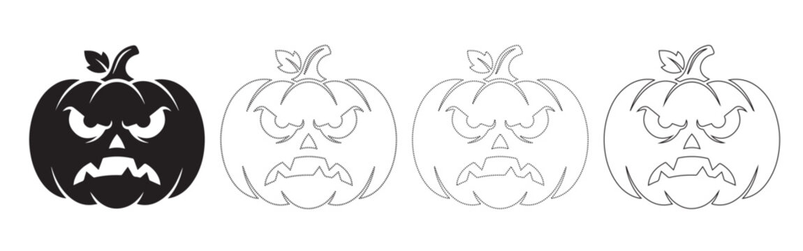 Scary halloween pumpkin jack-o'-lantern silhouette and outlines with coloring page line art white background halloween silhouette illustration template