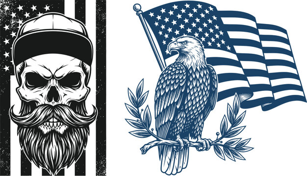 Patriotic 4th of july independence day illustrations with american flag eagle and skull