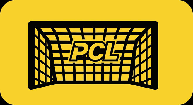 Soccer Goal Logo in Modern Design With PCL Text Symbol on Yellow Background