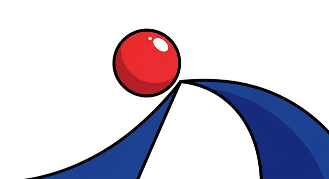 Abstract logo design featuring a red sphere balanced on a stylized blue wave shape