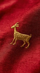 Obraz premium Close-up macro shot of red silk fabric with golden embroidery of a goat, rich texture, high detail