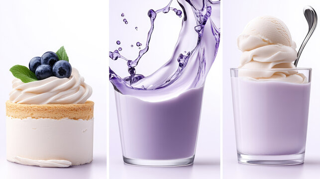 Blueberry mini cheesecake with creamy topping and mint leafs, refreshing purple drink splashing, and a sweet dessert glass with vanilla ice cream