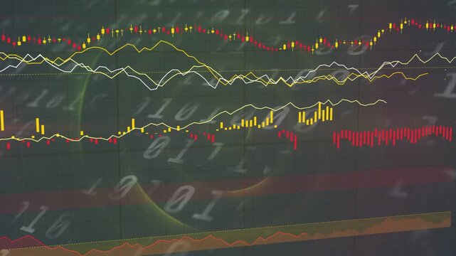 Binary vortex sparking data dashboard fading and sliding as lines crossing and showing market trend