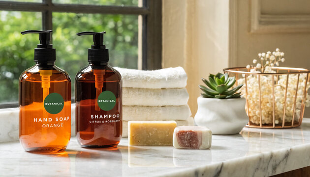Hand cream and shampoo bottles with soap and towel on bathroom counter