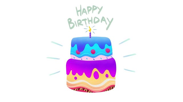 First lit candle starting cake cycling HAPPY BIRTHDAY, flame flickering, rays pulsing for birthday
