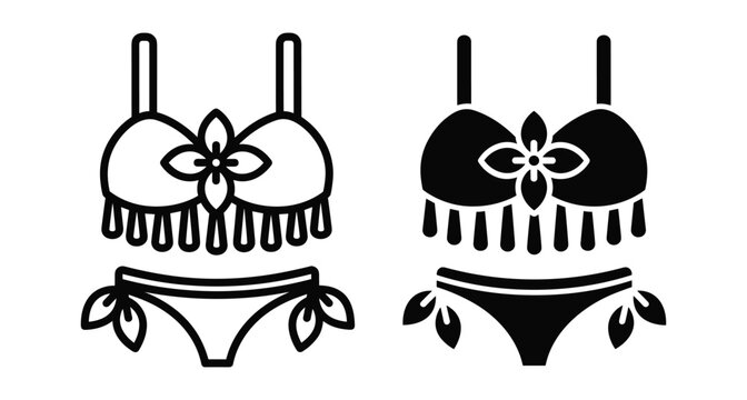 bikini swimsuit set with flower detail and fringe tassels for summer beach vacation fashion icon vector illustration line and glyph