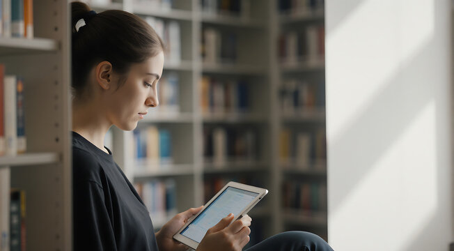 Student using an e-book device for studying in a calm library environment with natural lighting