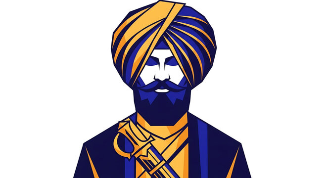 Vector illustration of a sikh warrior with a turban and sword, stylized portrait of a punjabi man