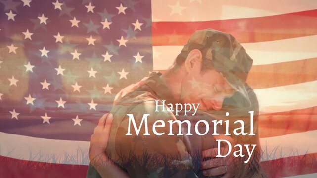 Soldier hugging pal while light flares sweeping flag and embrace fading showing Memorial Day text