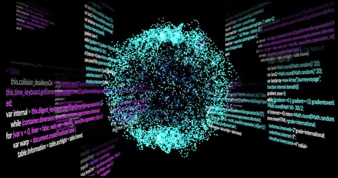 Central particle cloud rotating, pulsing as incoming code lines sliding in, visualizing data flow