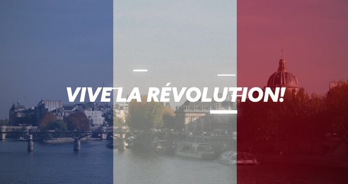 Tricolor overlay appearing, white slogan emerging, streaks sweeping, promoting revolt then fading