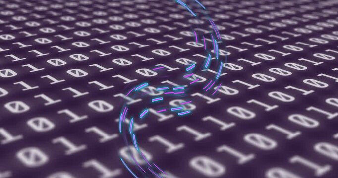 Dashed neon ribbon entering top-right and looping down-left, pulsing segments, showing binary flow