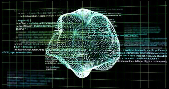 Central aqua point-mesh reacting to data pulse, rotating and deforming to visualize algorithm