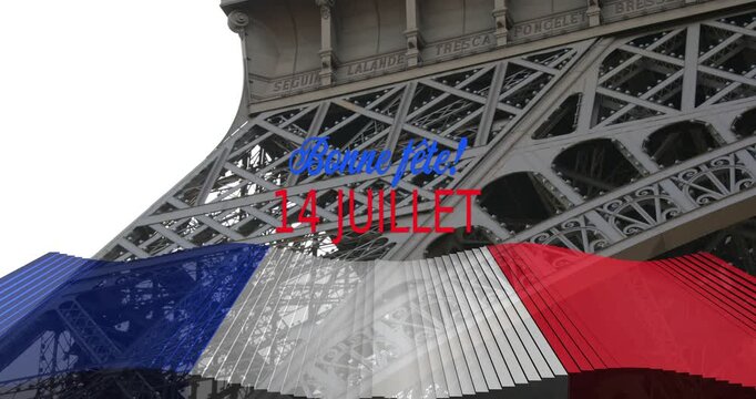 Eiffel lattice staying as tricolor ribbon rippling causing Bonne fete appearing marking 14 JUILLET