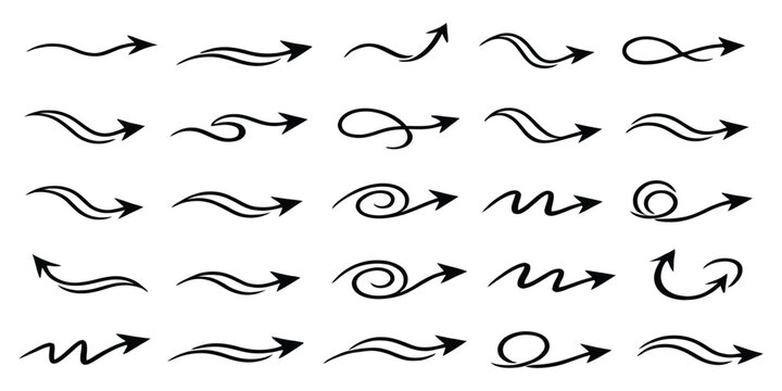 Wave Arrow Outline Icons Set, Curved Flow Direction Arrow Vector Collection