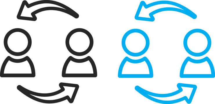 Two person exchange icon set black and cyan line art