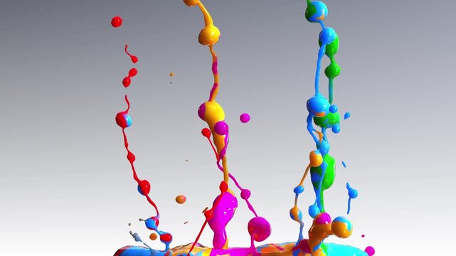 Vibrant 3D paint splash, multicolored liquid explosion with droplets, rainbow fluid motion on grey background, high-speed abstract render