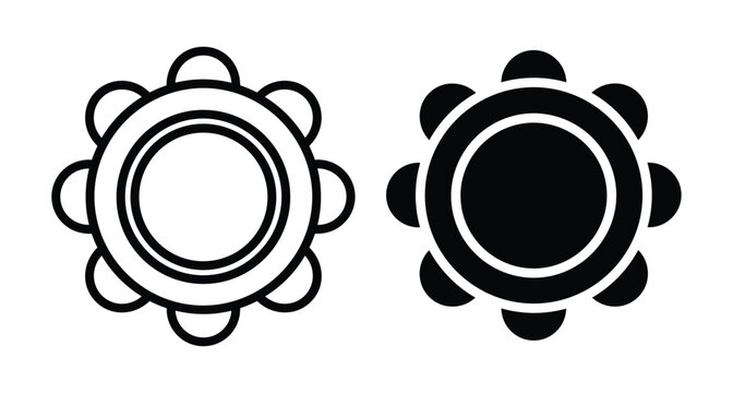 Tambourine musical instrument icon set with outline and solid black circular percussion symbols for music apps and creative design projects