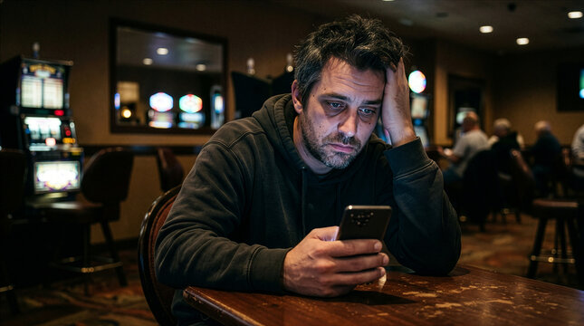 A man struggles with the weight of despair, his face etched with concern, as he contemplates his phone in the dimly lit casino.