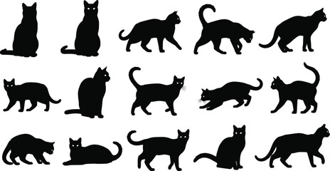 Black cat silhouette collection. Walking, sitting and playful feline poses vector set isolated on transparent background. © ALFINI