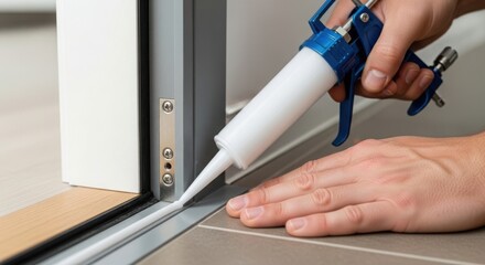 Obraz premium Hand applying sealant with caulking gun at home improvement project. Caulking gun is used for sealing gaps around doors and windows, ensuring energy efficiency and proper installation.