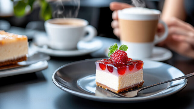 Enjoying a delightful cheesecake cube with a vibrant jelly layer and fresh raspberry, paired with a steaming cup of coffee during a relaxing break at a modern cafe