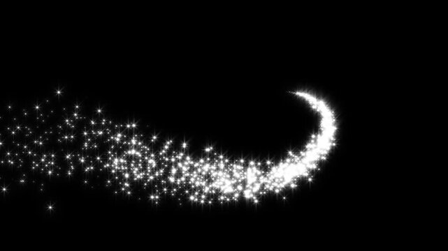 Luxury white glitter sparkles line trail with magic dust, pixie star particles, twinkling fairy shimmer and glowing christmas sparkle motion on black screen background overlay in 4k