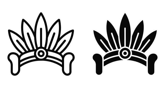 Native American headdress icon set featuring feather war bonnet designs in outline and solid black styles for cultural graphic projects