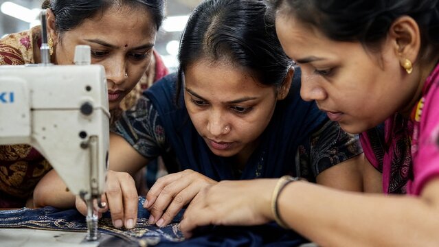 Group of South Asian Female Textile Workers Focused on Sewing in Garment Factory