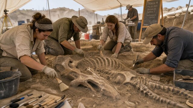 Team of Paleontologists Excavating Large Dinosaur Skeleton at Archaeological Dig Site