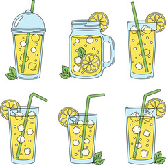 Fresh lemonade drink vector collection. Citrus juice glasses with ice cubes and mint leaves. Summer beverage illustration isolated on transparent background. © ALFINI