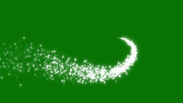 Luxury white glitter sparkles line trail with magic dust, pixie star particles, twinkling fairy shimmer and glowing christmas sparkle motion on green screen background overlay in 4k