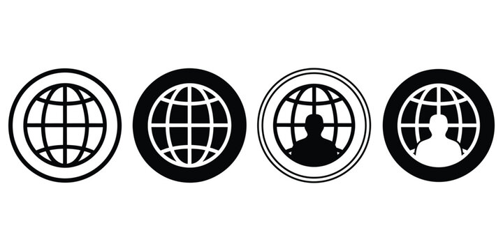 Set of black and white globe and user profile avatar icons for web navigation Vector